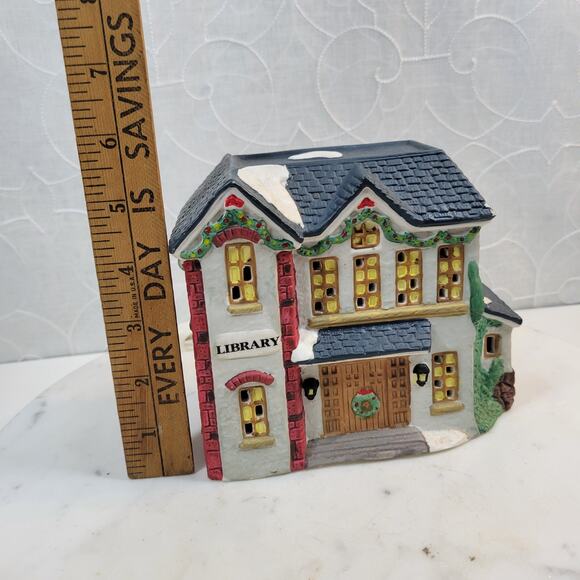 VINTAGE Winter Valley Lighted Library 6" Ceramic Christmas Holiday Decor 1994 - Picture 3 of 12